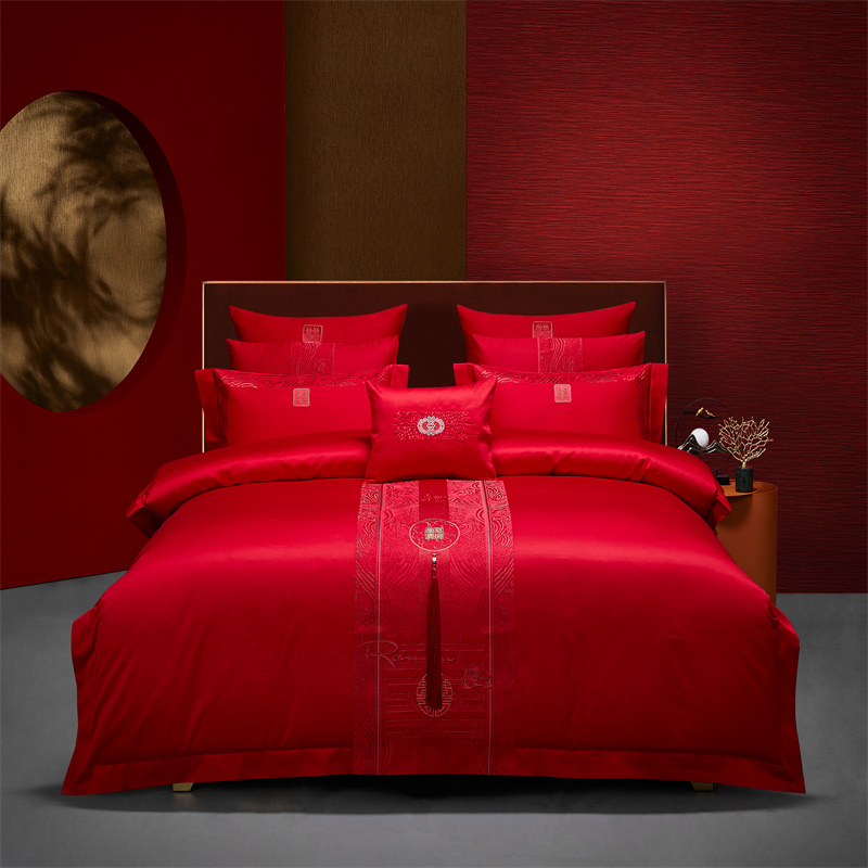 多之爱家纺140支新疆长绒棉结婚庆大红床上用品高端绣四六件套