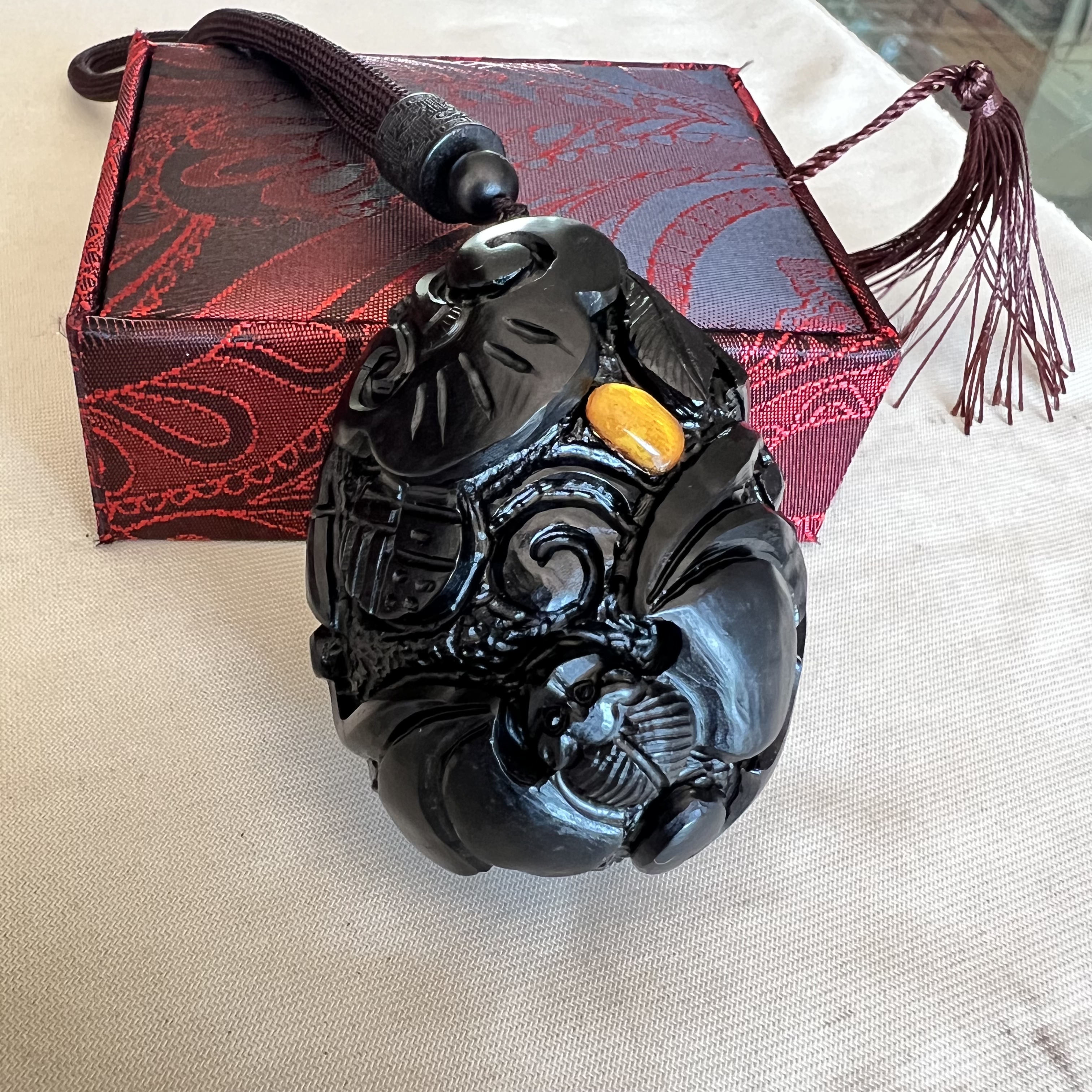 抚顺煤精福寿如意手把件挂件吊坠