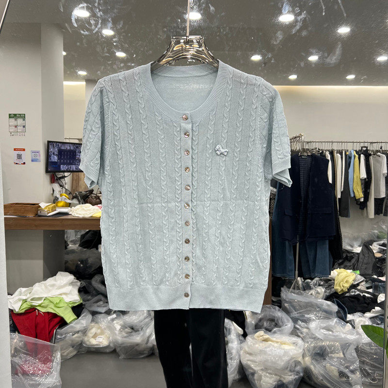 欧洲站2026春季新款时尚简约风圆领短袖麻花纹针织开衫女百搭显瘦