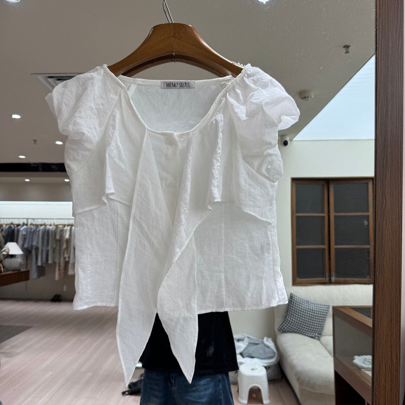 欧洲站2026夏季新款时尚淑女风泡泡袖花边衬衫女胸前打结无袖上衣