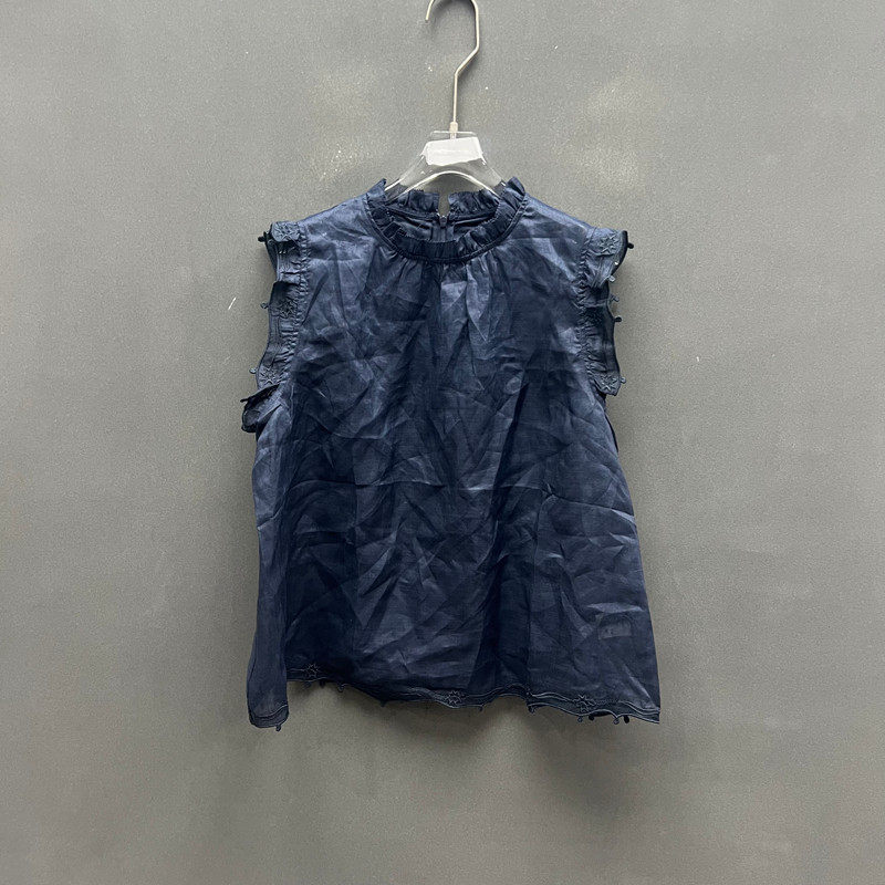 欧洲站2026夏季新款时尚新中式木耳边无袖寸衫女蕾丝花边刺绣上衣
