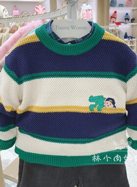 小熊童装24秋冬新款男童条纹针织毛衣百搭圆领套头衫TWKW224T04K