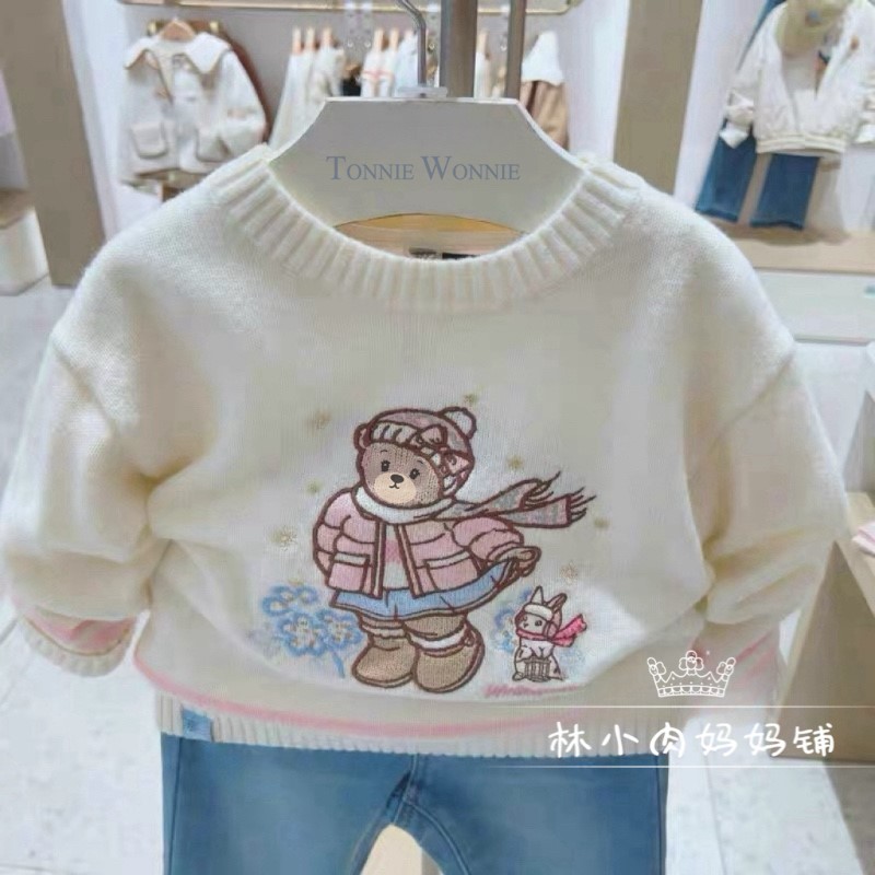 小熊童装2024秋冬新款女童纯棉圆领套头大熊针织毛衣儿童毛线衫