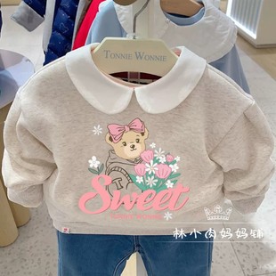 小熊童装 女童印花绣花保暖娃娃领加绒卫衣TWMW234V56A 24秋冬新款