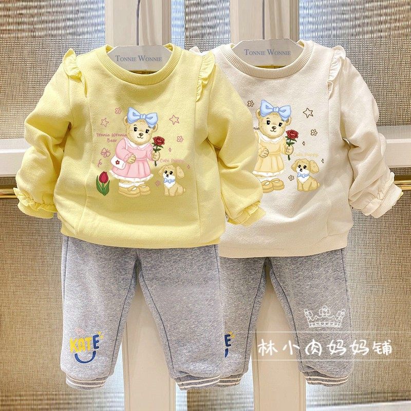 小熊童装秋冬新款女童婴童款加绒卫衣运动裤女宝宝保暖可爱套装