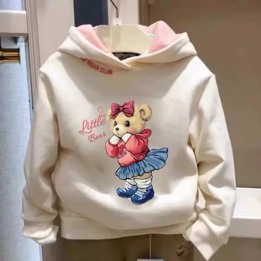 小熊童装秋冬新款女童纯棉印花毛圈连帽卫衣中大童休闲加绒帽衫