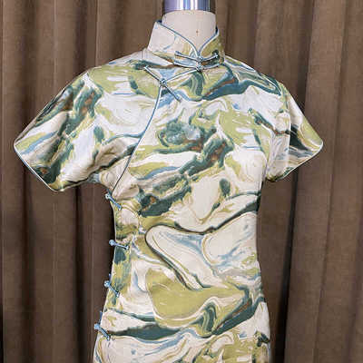 【星河】锦暮溪上新古法手工扦边全开襟旗袍双绲边一片式珠光缎