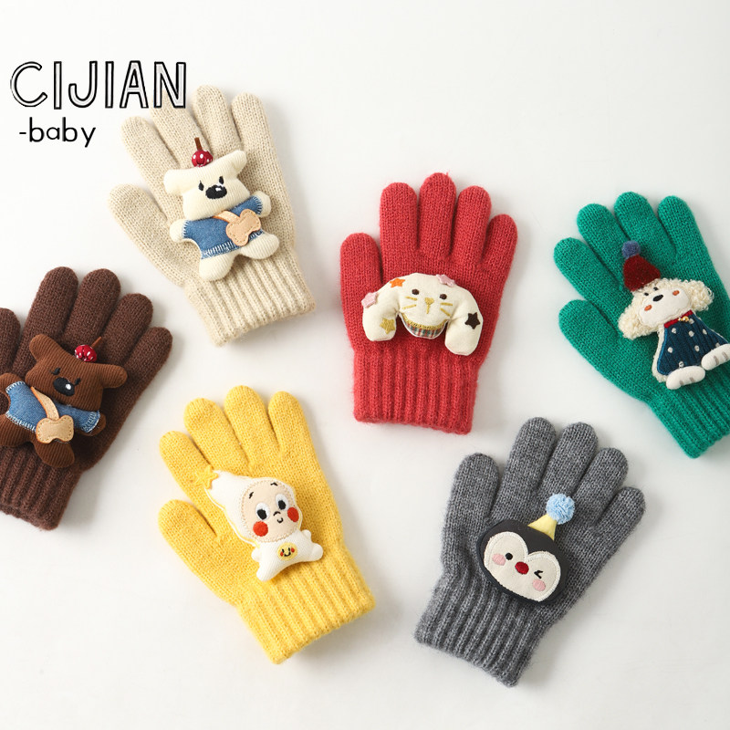 可爱卡通儿童分指手套男女童针织保暖五指手套可爱动物毛绒手套潮