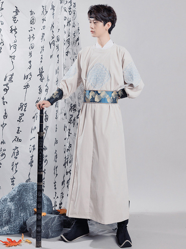 원래 HANFU 남자 명나라 라운드 칼라 가운 정장 중국 스타일 고대 의상 기사도 학자 학자 풀 세트 고대 스타일 비행 물고기 정장