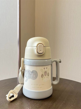 日本本土cottoli限定小象儿童吸管保温杯幼儿园背带双用水壶