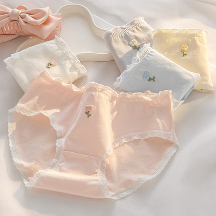 7A抗菌裆女士内裤透气A类婴儿棉郁金香提花中腰包臀学生三角裤头