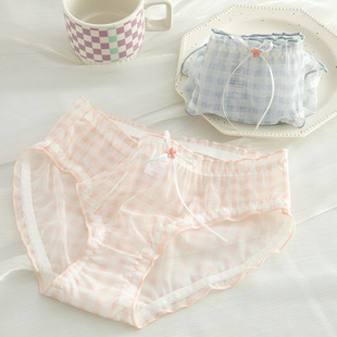 性感莫兰迪色网纱格子女士内裤 中低腰蕾丝纯棉裆日系少女三角裤