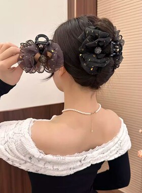鎏金网纱蝴蝶结泡泡抓夹发饰女高级感优雅花苞盘发鲨鱼夹发夹头饰
