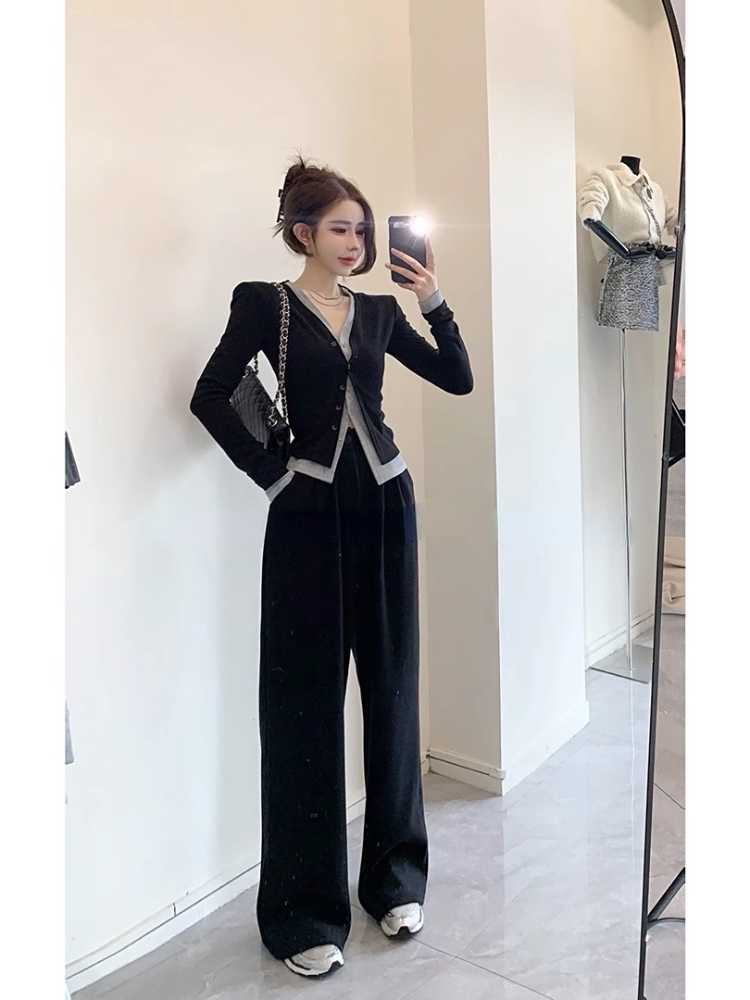 가을 새로운 게으른 스타일 가짜 투피스 긴팔 탑 와이드 팬츠 투피스 세트 여성을 위한 세련된 스포츠 및 레저 정장