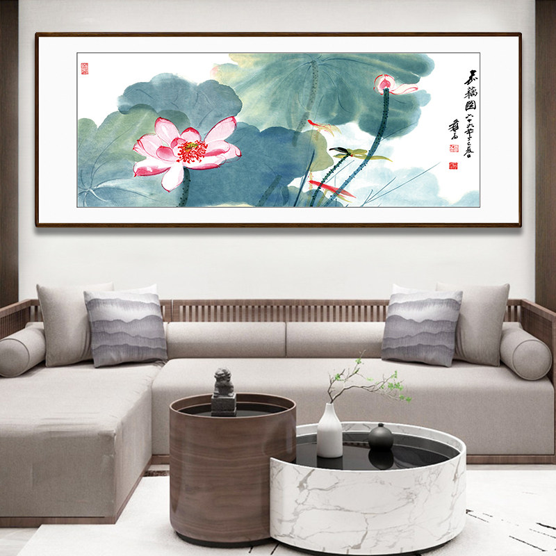 花鸟客厅装饰画 国画水墨荷花 嘉藕图新中式客厅挂画花卉牡丹横幅