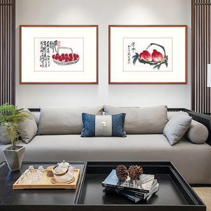 餐厅挂画装饰画双寿图国画益寿延年版画轻奢高级感挂画斗方新中式