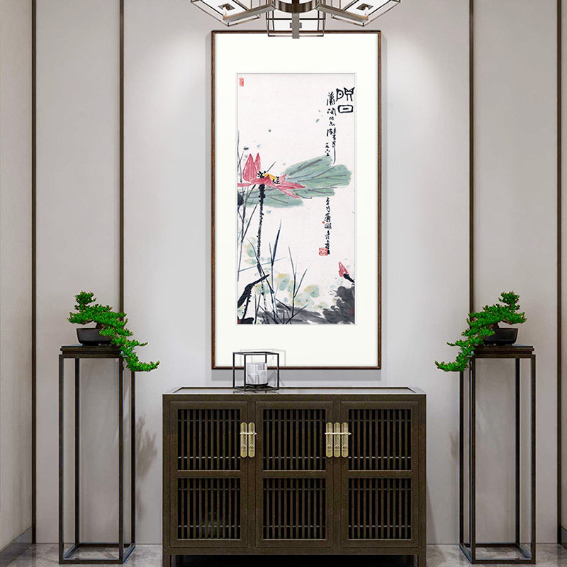 国画花鸟画映日荷花竖幅中式玄关装饰画书房客厅走廊挂画壁画