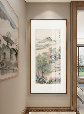 春风杨柳 中式玄关装饰画走廊过道竖版挂画客厅国画山水画背景墙