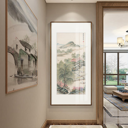春风杨柳 中式玄关装饰画走廊过道竖版挂画客厅国画山水画背景墙
