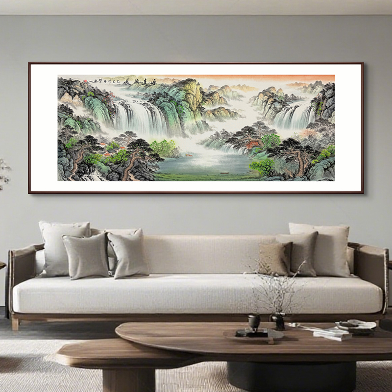 手绘国画山水瀑布挂画客厅办公室书房新中式背景墙实木大气装饰画图片