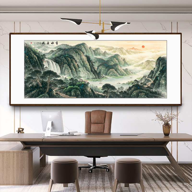 鸿运当头国画山水画客厅办公室挂画聚宝盆招财客厅装饰画富水长流
