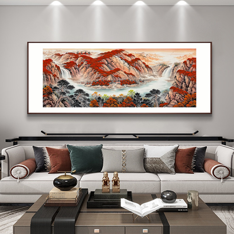 手绘国画鸿运当头水墨山水挂画客厅办公室新中式招财背景墙装饰画