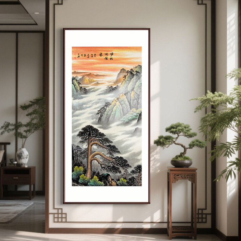 手绘迎客松国画背景墙挂画玄关客厅办公室新中式入户招财装饰画