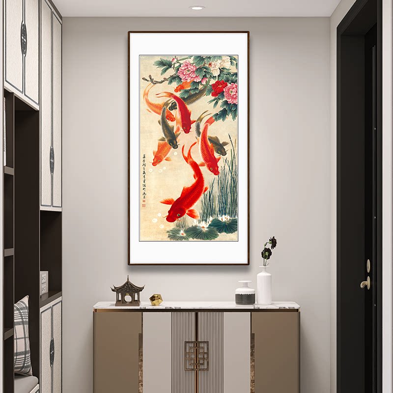 国画牡丹九鱼图玄关花鸟画竖幅新中式客厅过道走廊挂画壁画新中式