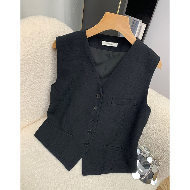 老钱风高级感黑色醋酸V领修身百搭西装马甲女背心女无袖气质上衣