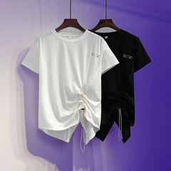 Large size women's fat mm summer new fashion loose cover belly show thin waist age reduction leisure short sleeve T-shirt