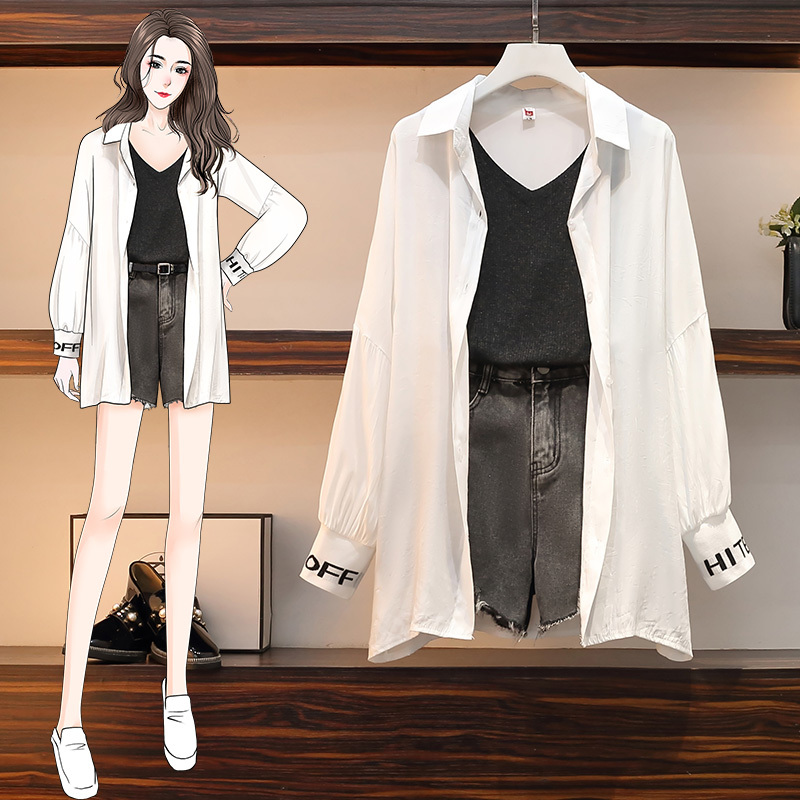 Large women's fat mm summer new fashion loose cover belly show thin sunscreen shirt denim shorts three piece suit