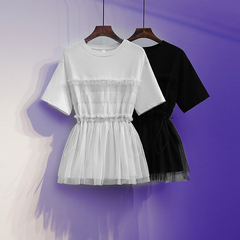 Large size women's fat summer new fashion loose belly covering mesh shirt with waist showing thin short sleeve T-shirt