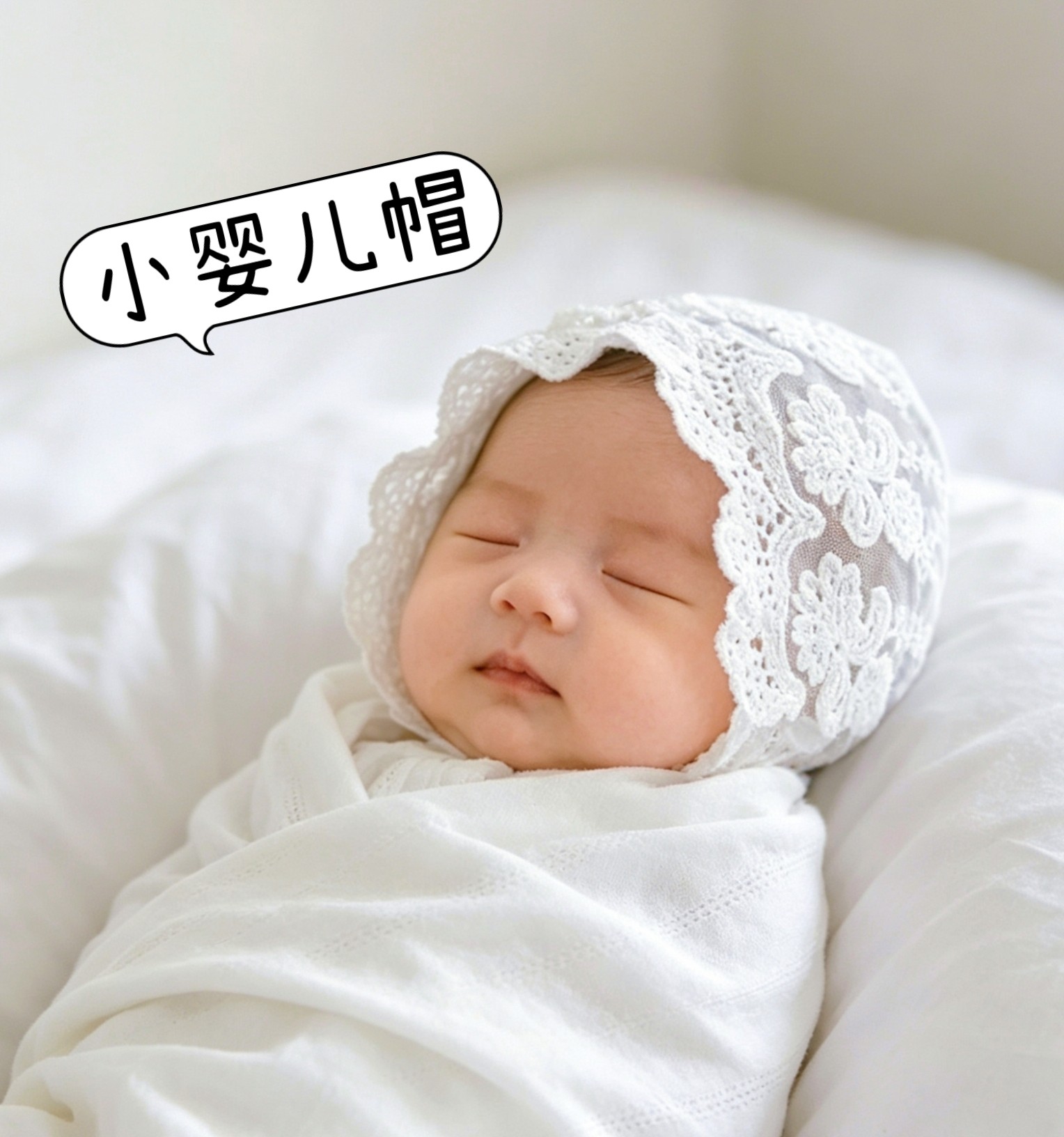婴儿帽子初生小孩满月胎帽柔软轻薄百天宝宝蕾丝公主帽子0-3个月