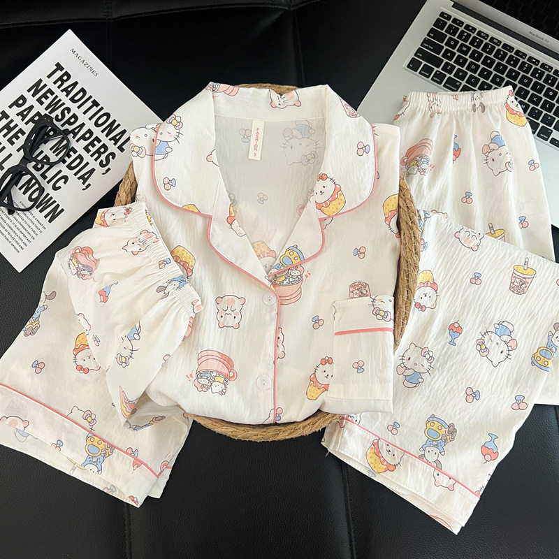 蛋糕KT猫云朵纯棉纱睡衣女款2026新款夏季可爱少女三件套装家居服