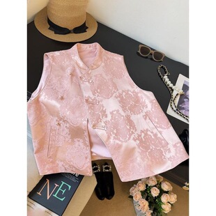 新中式大码粉色国风马甲女款2026新款提花唐装上衣短款马夹外套春