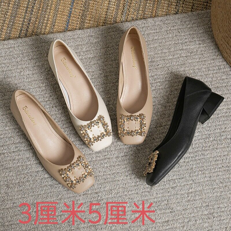 晚晚风淑女单鞋女鞋子2023新款爆款复古通勤软皮方头中高跟奶奶鞋