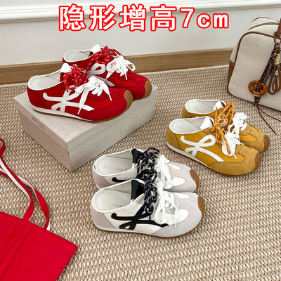 葡妈同真皮增高休闲女软底半拖鞋