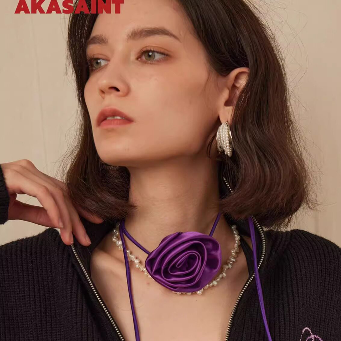 AKASAINT"purple rose"定制亮紫色玫瑰项链脖颈链绑带胸针发卡