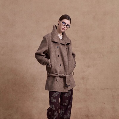 全羊毛斜纹系带风衣大衣