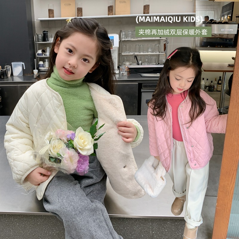 加绒奶油色系韩版女童洋气夹棉保暖外套中大童冬季开衫菱形格上衣