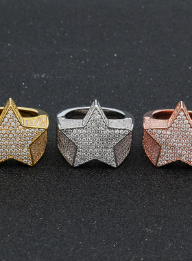 欧美新款五角星嘻哈戒指男士星星指环 hiphop微镶锆石 StarRing