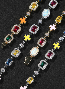 新款个性设计铜镶彩色锆石嘻哈项链夏季风澳宝五彩宝石男女炫手链