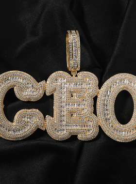 DIY创意嘻哈定制英文大写花体字母吊坠铜镶锆石个性T方钻男女项链