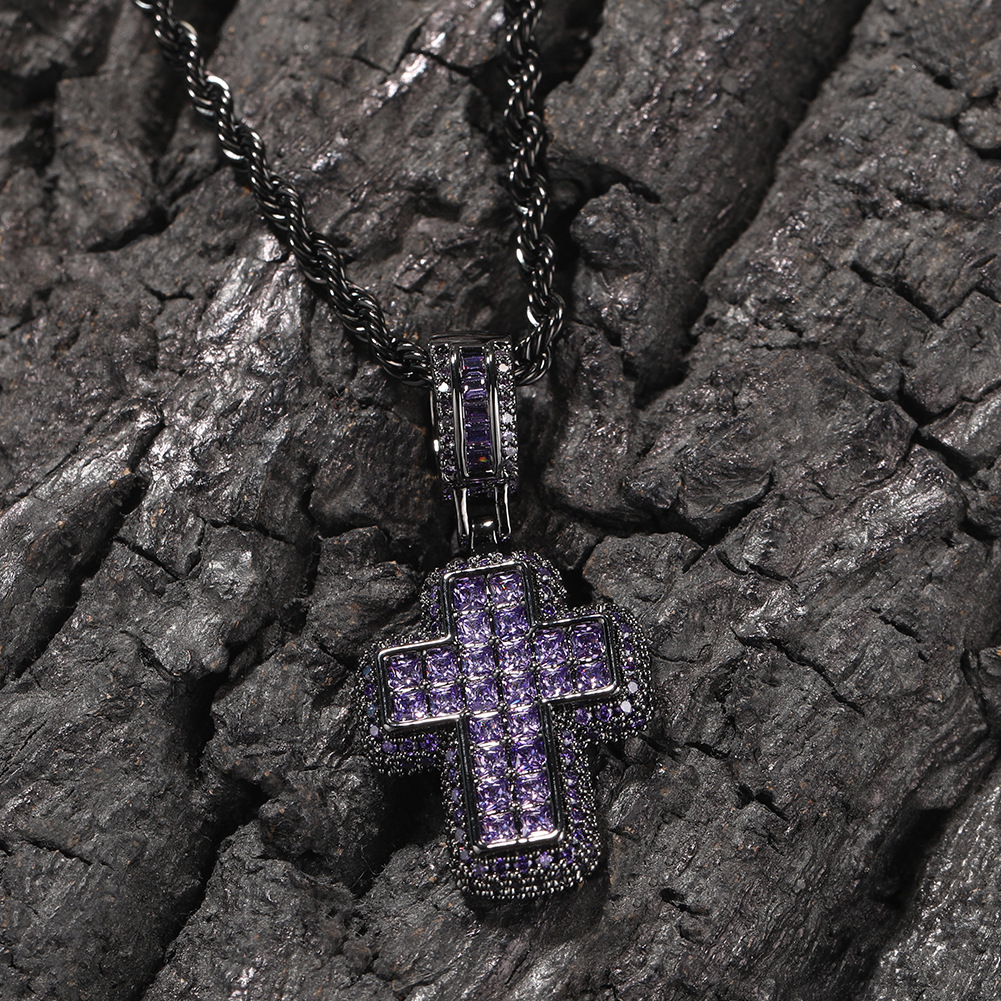 欧美t方十字架型吊坠铜镶锆石情侣嘻哈项链街头ins潮流小众饰品