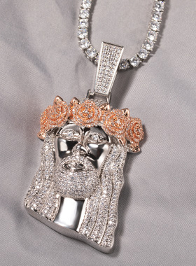 嘻哈潮流经典复古铜镶锆石玫瑰花人像吊坠潮酷百搭高级感男士项链