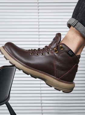 cat卡特男鞋马丁靴秋冬季新款透气潮流复古工装鞋中帮真皮休闲鞋