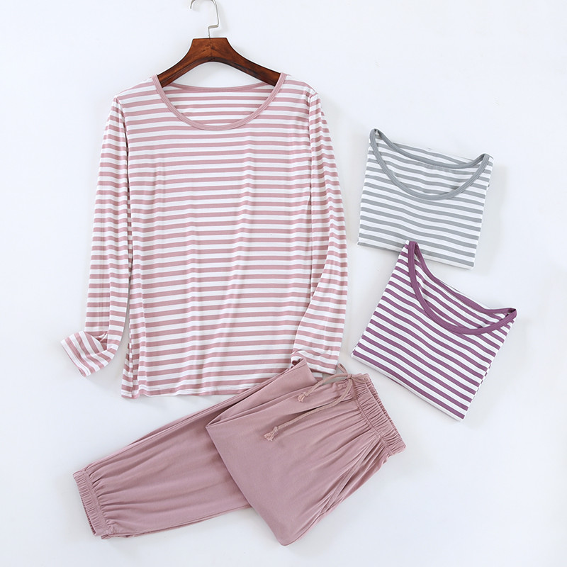 睡衣女秋莫代尔长袖束脚两件套