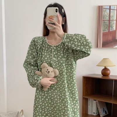 新款睡裙女士春夏款纱布甜美少女纯棉长袖睡衣裙连衣裙简约森系