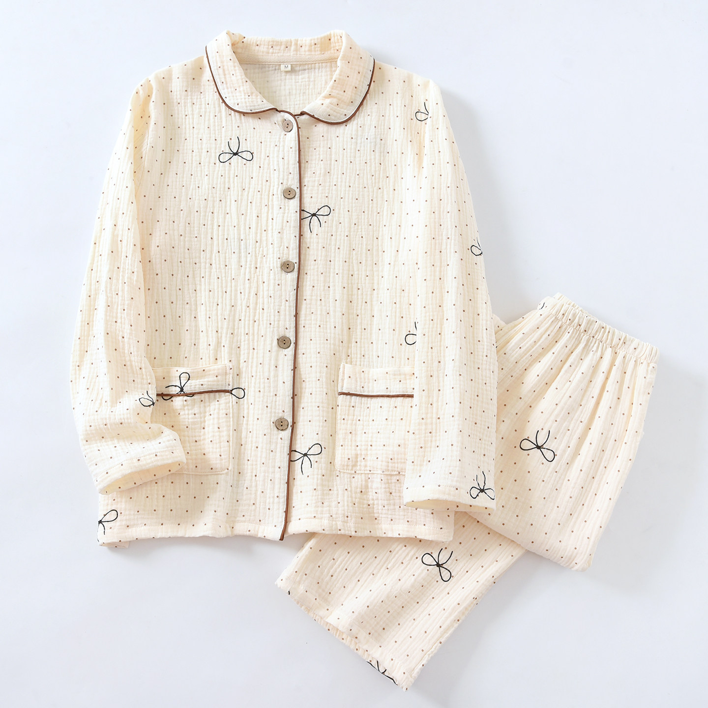 纯棉绉布家居服睡衣女士蝴蝶结波点全棉元宝领春夏秋冬季长袖长裤,女士内衣/男士内衣/家居服,睡衣/家居服套装,淘宝优惠券,粉丝福利购,淘宝优惠卷