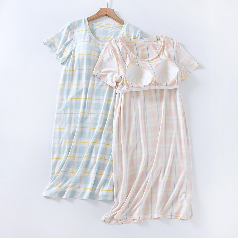 居家睡裙格子系带bra免穿内衣
